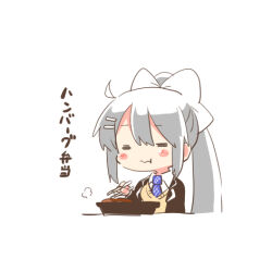 Rule 34 | 1girl, :t, = =, ahoge, black jacket, blazer, blue necktie, blush stickers, bow, brown sweater, chibi, chopsticks, closed eyes, closed mouth, collared shirt, cropped torso, grey hair, hair bow, hair ornament, hairclip, higuchi kaede, higuchi kaede (1st costume), holding, holding chopsticks, jacket, long hair, lowres, necktie, nijisanji, open clothes, open jacket, ponytail, rebecca (keinelove), school uniform, shirt, sidelocks, simple background, solo, sweater, translation request, upper body, virtual youtuber, wavy mouth, white background, white bow, white shirt