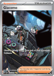 1boy 1other artist_name bag black_hair black_jacket black_shoes bottle cable card_(medium) character_name company_name computer copyright_name copyright_notice eating english_text food giacomo_(pokemon) green_pants hat headphones headphones_around_neck holding holding_food holding_paper hot_dog jacket ketchup laptop male_focus microphone microphone_stand mixing_console mustard nintendo official_art open_clothes open_jacket oshiyama_kiyotaka pants paper plastic_bag pokemon pokemon_card pokemon_sv pokemon_tcg shirt shoes solo_focus team_star third-party_source trading_card white_hat