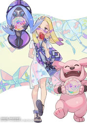1girl adapted_costume blonde_hair bright_pupils candy_apple commentary_request dress eyelashes facepaint food gen_2_pokemon gen_7_pokemon granbull haraya holding legendary_pokemon licking long_hair mina_(pokemon) mina_(sygna_suit)_(pokemon) multicolored_hair nintendo official_alternate_costume one_eye_closed pokemon pokemon_(creature) pokemon_masters_ex purple_hair sandals short_sleeves sidelocks signature standing tapu_fini tongue tongue_out two-tone_hair watermark white_dress white_pupils