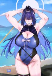 Rule 34 | 1girl, absurdres, armpits, blue eyes, blue hair, blue one-piece swimsuit, blue sky, breasts, chain, chain headband, cleavage, crab, day, erasorpepero, hair tie in mouth, halo, hands in own hair, highleg, highleg one-piece swimsuit, highres, hololive, hololive english, huge breasts, long hair, mechanical halo, mouth hold, ocean, one-piece swimsuit, ouro kronii, outdoors, sky, solo, swimsuit, tying hair, very long hair, virtual youtuber