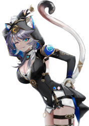 Rule 34 | 1girl, 87npyo, ;), animal ear fluff, animal ears, animal hood, belt, black gloves, black leotard, blue eyes, breasts, cat ears, cat girl, cat hood, cat tail, cipher (honkai: star rail), coin, fingerless gloves, gloves, grey hair, hashtag-only commentary, highres, holding, holding coin, honkai: star rail, honkai (series), hood, hooded leotard, large breasts, leotard, one eye closed, short hair with long locks, shorts, simple background, smile, solo, tail, thigh belt, thigh strap, thighs, white background, white shorts