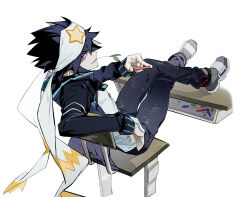 1boy absurdres ah_211 alternate_costume aotu_world bandana black_hair black_jacket black_pants black_shoes cellphone chair chalk crossed_legs denim desk full_body headband highres holding holding_chalk jacket long_sleeves looking_at_viewer looking_back male_focus mouth_hold pants phone purple_eyes ray_(aotu_world) school_chair school_desk shirt shoes short_hair simple_background sitting smile sneakers solo spiked_hair star_(symbol) star_print white_background white_headband white_shirt white_shoes