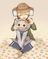 235rika 2boys bandaid bandaid_on_knee bandaid_on_leg blonde_hair blue_socks brown_hat brown_shoes child closed_eyes commentary_request crack fingernails grey_overalls grey_shirt hat helmet highres in-franchise_crossover kneehighs kyokugen_dasshutsu kyokugen_dasshutsu_adv:_zennin_shibou_desu long_sleeves lower_teeth_only male_focus multiple_boys open_mouth overalls q_(kyokugen_dasshutsu) quark_(kyokugen_dasshutsu) rust shirt shoes short_hair sitting smile socks striped_sleeves sweat teeth zero_escape:_toki_no_dilemma