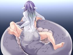 1boy 1girl aqua_hair ass assertive_female backboob barefoot blue_theme breasts cum femdom frfr from_behind gradient_background gradient_hair hetero lamia large_breasts long_hair monster monster_girl multicolored_hair non-web_source nude original pale_skin pointy_ears purple_hair pussy_juice scales sex snake spread_legs tattoo trapped