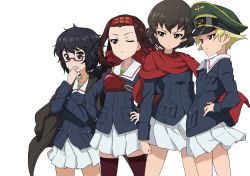10s 4girls arm_grab black_eyes black_footwear black_hair black_legwear blonde_hair blue_jacket brown_eyes brown_hair caesar_(girls_und_panzer) closed_mouth commentary_request cowboy_shot erwin_(girls_und_panzer) from_side girls_und_panzer glasses green_shirt hand_on_own_chin hand_on_own_hip hands_on_own_hips haori headband highres jacket japanese_clothes kicchi_(tmgk) light_frown long_hair long_sleeves messy_hair military military_uniform miniskirt multiple_girls muneate one_eye_closed ooarai_military_uniform oryou_(girls_und_panzer) parted_lips pleated_skirt pointy_hair ponytail red-framed_eyewear red_headband red_scarf saemonza_(girls_und_panzer) scarf semi-rimless_eyewear shirt short_hair short_ponytail side-by-side skirt smile standing thighhighs transparent_background under-rim_eyewear white_skirt