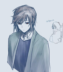 Rule 34 | 1boy, black vest, brown hair, chair, closed mouth, collared shirt, commentary request, cropped torso, expressionless, green jacket, grey background, harada mutei, highres, hood, hood up, jacket, male focus, multiple views, on chair, open clothes, open jacket, poka (user kypt4454), red eyes, saibou shinkyoku, shirt, short hair, sitting, translation request, vest, white shirt