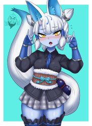 1girl adansosutega animal_ears belt black_shirt black_thighhighs blue_gloves blue_necktie blue_skin blush bracelet brown_belt collared_shirt colored_skin cowboy_shot elbow_gloves extra_ears fingerless_gloves flying_sweatdrops fox_ears fox_girl fox_shadow_puppet fox_tail frilled_thighhighs frills fur_trim ginkaku_(kemono_friends) gloves grey_skirt hair_between_eyes hair_tubes highres horns jewelry kemono_friends looking_at_viewer necktie nose_blush plaid_clothes plaid_skirt pleated_skirt puffy_sleeves quad_tails shirt short_twintails sidelocks single_horn skirt solo sweatdrop tail thighhighs twintails white_fur white_hair yellow_eyes zettai_ryouiki