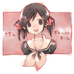 1girl :d bad_id black_eyes black_hair commentary_request fukuzawa_yumi hair_ribbon kei_(keigarou) lillian_girls&#039;_academy_school_uniform lowres maria-sama_ga_miteru neckerchief open_mouth red_ribbon ribbon sailor_collar school_uniform serafuku short_hair smile solo swept_bangs teeth translation_request twintails upper_body upper_teeth_only white_neckerchief white_sailor_collar