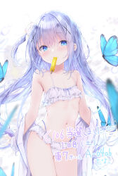 1girl bare_shoulders bikini blue_butterfly blue_eyes blue_hair blush breasts bug butterfly collarbone cowboy_shot food food_in_mouth gochuumon_wa_usagi_desu_ka? hair_between_eyes hair_ornament highres insect kafuu_chino kouda_suzu loli long_hair looking_at_viewer navel popsicle popsicle_in_mouth small_breasts solo stomach swimsuit translation_request very_long_hair white_background x_hair_ornament