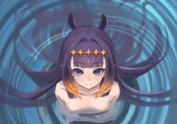 Rule 34 | 1girl, absurdres, blunt bangs, blush, breasts, closed mouth, commentary, commentary typo, diamond hairband, english commentary, from above, gradient hair, highres, hololive, hololive english, long hair, looking at viewer, looking up, multicolored hair, ninomae ina&#039;nis, orange hair, partially submerged, pointy ears, purple eyes, purple hair, ripples, sidelocks, small breasts, smile, solo, split mouth, tentacle hair, twitter username, two-tone hair, very long hair, virtual youtuber, water, younhand