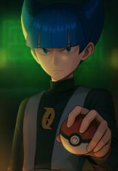 1boy black_shirt blue_eyes blue_hair blunt_bangs closed_mouth commentary grey_vest highres holding holding_poke_ball logo long_sleeves male_focus nakikot_t nintendo pointy_hair poke_ball poke_ball_(basic) pokemon pokemon_dppt saturn_(pokemon) shirt short_hair solo symbol-only_commentary team_galactic team_galactic_uniform upper_body vest