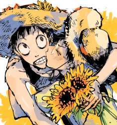 &gt;_&lt; 2boys bags_under_eyes black_hair black_tank_top blush brown_eyes clenched_teeth collarbone commentary_request flower glasses hand_on_another&#039;s_shoulder hat highres holding holding_flower hug kiss kissing_cheek leaning_forward looking_up male_focus midousuji_akira multiple_boys onoda_sakamichi open_mouth pale_skin pinky_out raised_eyebrows shade shirt short_hair simple_background straw_hat sunflower t-shirt tank_top teeth v-shaped_eyebrows white_background yaoi yellow_shirt youkaichan yowamushi_pedal