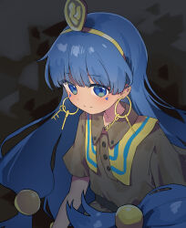 Rule 34 | 1girl, absurdres, blue shirt, blunt bangs, brown shirt, brown shorts, buttons, closed mouth, collared shirt, earrings, facial mark, flat chest, gold, gold buckle, gold hairband, gold headdress, gold headwear, hairband, happy, highres, holding, holding scepter, jewelry, key earrings, kitahara (pixiv 19528441), michigami nareko, scepter, shirt, short sleeves, shorts, smile, solo, sphere hair ornament, touhou, triangle, triangle facial mark, usekh collar