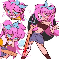 1girl aubrey_(faraway)_(omori) aubrey_(omori) bandaged_arm bandaged_leg bandages bandaid bandaid_on_leg baseball_bat black_socks blue_eyes blue_hairband blush breasts cleavage crop_top denim denim_skirt ear_piercing hairband highres holding holding_baseball_bat jacket jjamdal looking_at_viewer medium_breasts nail_(hardware) nail_bat navel omori open_mouth piercing pink_hair short_sleeves skirt socks solo tongue tongue_out white_jacket