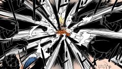 Rule 34 | 2boys, blocking, blonde hair, commentary request, crossover, dragon ball, dragonball z, highres, male focus, monkey d. luffy, motion lines, multiple boys, one piece, pov, pov hands, punching, ruto830, signature, son goku, speed lines, super saiyan, super saiyan 1