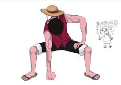 1girl 2boys antlers black_hair full_body gear_second hand_on_own_thigh hat highres horns male_focus monkey_d._luffy multiple_boys nabi_love_8 one_piece reindeer_antlers sandals shorts simple_background solo straw_hat tony_tony_chopper white_background