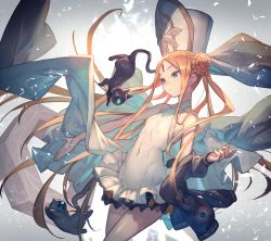 1girl abigail_williams_(fate) abigail_williams_(swimsuit_foreigner)_(fate) abigail_williams_(swimsuit_foreigner)_(second_ascension)_(fate) bare_shoulders black_jacket blonde_hair blue_eyes cat covered_navel creature double_bun expressionless fate/grand_order fate_(series) floating_clothes frilled_swimsuit frills glowing hair_bun hat highres jacket keyhole lack long_hair long_sleeves mitre one-piece_swimsuit open_hand parted_bangs sidelocks simple_background smile solo swimsuit very_long_hair white_background white_one-piece_swimsuit