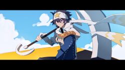 1boy 404iamthetruth aotu_world arm_on_knee asymmetrical_gloves bandana black_hair blue_pants blue_sky brown_gloves chinese_commentary closed_mouth cloud cloudy_sky day fingerless_gloves gloves hair_between_eyes hammer headband highres holding holding_hammer holding_weapon knee_up letterboxed looking_at_viewer male_focus outdoors pants purple_eyes ray_(aotu_world) sitting sky smile solo star_(symbol) star_print weapon white_gloves white_headband