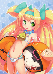 Rule 34 | 1girl, absurdres, bell, bikini, blazblue, blonde hair, blush, bow, character doll, collar, female focus, flat chest, green eyes, hair bow, heart, heart-shaped pupils, highres, jubei (blazblue), long hair, navel, neck bell, non-web source, official art, platinum the trinity, solo, swimsuit, symbol-shaped pupils