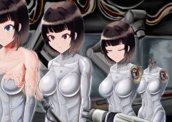 4girls absurdres amputee android arbitrator_(rusty) armless_amputee assembling blue_eyes breasts brown_hair closed_eyes collarbone commentary_request double_amputee factory headless highres mechabare medium_breasts multiple_girls original red_eyes short_hair