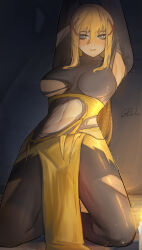 1girl armpits arms_up artist_name bdsm blonde_hair blue_eyes blush bondage bound breasts darkness_(konosuba) gell0829 highres kneeling kono_subarashii_sekai_ni_shukufuku_wo! large_breasts long_hair looking_at_viewer navel parted_lips ponytail solo teeth toned torn_clothes