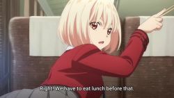 2girls animated anime_screenshot eating egg_(food) feeding food happy inoue_takina interior lycoris_recoil multiple_girls nishikigi_chisato sound tagme train_interior video