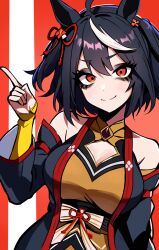 Rule 34 | 1girl, ahoge, animal ears, bags under eyes, bare shoulders, black eyeliner, black eyeshadow, black hair, bow, breasts, chanchanko (clothes), cleavage, cleavage cutout, clothing cutout, commentary request, detached sleeves, ear ornament, ear ribbon, eyeliner, eyeshadow, flower ornament, hair between eyes, hair ornament, highres, horse ears, horse girl, kitasan black (umamusume), kouhaku nawa, looking at viewer, makeup, multicolored hair, nagainegi, orange eyes, partial commentary, pointy ears, purple shirt, red eyes, rope, shimenawa, shirt, short hair, sleeveless, smile, solo, streaked hair, two-tone background, umamusume, upper body, white background, white hair