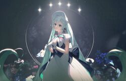 1girl aqua_eyes aqua_hair arm_tattoo back_bow black_bow blue_flower bodice bonnet bow bush circle collared_dress dress flower frilled_cuffs frilled_shirt_collar frills glowing hair_between_eyes hands_on_own_chest hands_up hashtag-only_commentary hatsune_miku highres long_hair looking_at_viewer miku_symphony_(vocaloid) number_tattoo official_alternate_costume open_mouth ribbon rose rose_bush sidelocks smile sparkle standing tattoo tiredghost twintails very_long_hair vocaloid white_dress white_ribbon wrist_cuffs