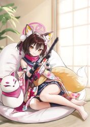1girl absurdres animal_ear_fluff animal_ears barefoot bean_bag_chair blue_archive blue_skirt brown_hair closed_mouth feet fefee fox_ears fox_girl fox_mask fox_tail gloves gun hair_ornament halo head_tilt highres holding holding_gun holding_weapon indoors izuna_(blue_archive) looking_at_viewer mask obi partially_fingerless_gloves plant pleated_skirt potted_plant sash shirt short_hair shouji skirt sleeveless sleeveless_shirt sliding_doors smile solo stuffed_animal stuffed_toy tail tatami thigh_strap toes weapon white_shirt