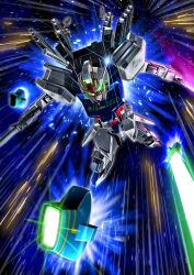 artificial_eye artist_name bad_link beam_rifle charging_forward commentary dragoon_strike_gundam energy_beam energy_gun energy_sword english_commentary flying funnels_(gundam) glowing glowing_eyes gun gundam gundam_seed gundam_seed_recollection highres holding holding_beam_saber holding_gun holding_sword holding_weapon javanese_commentary mecha mechanical_arms mechanical_eye mechanical_legs mobile_suit no_humans red_chin robot sd_gundam sd_gundam_g-generation_eternal shimashun space star_(sky) strike_gundam sword thrusters twitter_username v-fin weapon