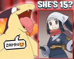Rule 34 | 1girl, 2024 pokemon teraleak, akari (pokemon), black eyes, black hair, blurry, blurry background, emoji, english text, fangs, fire, galaxy expedition team survey corps uniform, gen 2 pokemon, headscarf, long hair, meme, nintendo, official art inset, open mouth, pokemon, pokemon (creature), pokemon legends: arceus, red eyes, red scarf, saliva, scarf, smile, smiling face with heart-shaped eyes emoji, speech bubble, tongue, tongue out, typhlosion, vogold, white headscarf, zamn (meme)
