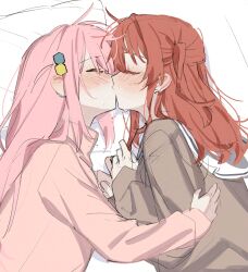 2girls blush bocchi_the_rock! brown_shirt closed_eyes cube_hair_ornament ear_blush gotoh_hitori hair_ornament highres jacket kiss kita_ikuyo long_hair long_sleeves multiple_girls one_side_up pink_hair pink_jacket red_hair sailor_collar school_uniform shirt shuka_high_school_uniform sweat white_sailor_collar yuri zhr100