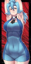 Rule 34 | absurdres, armpits, arms behind head, blue hair, breasts, choker, clair (pokemon), collarbone, highres, large breasts, limn044, looking at viewer, nintendo, pokemon, pokemon hgss, ponytail, shiny skin, smile, thick thighs, thighs, toned, toned female