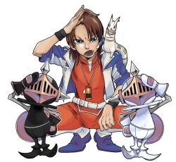 Rule 34 | 1boy, blue jacket, bodysuit, brown hair, cropped jacket, daimon masaru (digimon savers), digimon, digimon (creature), digimon savers, high ponytail, highres, jacket, kudamon (digimon savers), medium hair, ookutsuwa waga, pawnchessmon (black), pawnchessmon (white), ponytail, red bodysuit, salute, simple background, squatting, white background