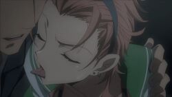 1boy 1girl animated animated_gif blush bra breasts brown_hair cleavage covered_erect_nipples earrings female_focus forehead hairband highschool_of_the_dead huge_filesize jewelry lace lace-trimmed_bra lace_trim large_breasts medium_hair open_clothes open_mouth school_uniform shiny_skin stud_earrings sweatdrop thighs tongue tongue_out underwear yuuki_miku_(highschool_of_the_dead)