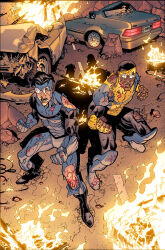 2boys black_bodysuit black_hair blood blue_bodysuit bodysuit bulletproof_(invincible) burning car colorized covered_abs destruction fire invincible_(character) invincible_(series) john_rauch large_pectorals mark_grayson motor_vehicle multicolored_bodysuit multiple_boys muscular muscular_male pectorals ryan_ottley spandex superhero_costume torn_bodysuit torn_clothes two-tone_bodysuit vehicles western_comics_(style) yellow_bodysuit