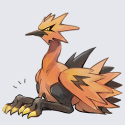 Rule 34 | animal focus, artist name, bird, black eyes, claws, closed mouth, colored sclera, commentary request, day walker1117, english text, feet, from side, full body, galarian form, galarian zapdos, gen 8 pokemon, grey background, legendary pokemon, looking at viewer, nintendo, no humans, notice lines, pokemon, pokemon (creature), pokemon focus, revision, signature, simple background, sitting, solo, yellow sclera
