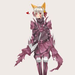 1boy animal_ears arm_blade armor armored_boots bell black_bodysuit blush bodysuit boots cape closed_mouth diamond_facial_mark facial_mark feet_out_of_frame fox_boy fox_ears gauntlets grey_background guillotine_cross_(ragnarok_online) hair_bell hair_between_eyes hair_ornament hair_ribbon heart jingle_bell long_bangs looking_at_viewer male_focus pauldrons purple_armor purple_cape ragnarok_online red_eyes red_ribbon ribbon shirokuro_(erisnoa) short_hair shoulder_armor simple_background skull solo standing tongue tongue_out torn_cape torn_clothes waist_cape weapon