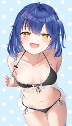 1girl absurdres amamiya_kokoro amamiya_kokoro_(7th_costume) bikini black_bikini blue_hair breasts cross_hair_ornament fang flower frilled_bikini frills hair_ornament highres kurenai_rock medium_hair navel nijisanji open_mouth pulling_own_clothes side_ponytail skin_fang small_breasts smile swimsuit thigh_gap virtual_youtuber yellow_eyes