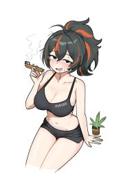 1girl black_bra black_hair black_shorts blush bra breasts cleavage cocktiel77 commentary_request drugs holding holding_smoking_pipe korean_commentary large_breasts looking_at_viewer marijuana multicolored_hair ponytail red_hair saliva shorts simple_background sitting smoking_pipe solo two-tone_hair underwear white_background zenless_zone_zero zhu_yuan