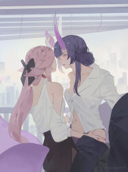 2girls artist_name window_blinds broken_horn genshin_impact hand_on_another&#039;s_thigh highres horn_grab horns long_hair multiple_girls navel nyoomcat parted_lips pink_hair purple_eyes purple_hair raiden_shogun tail window yae_miko yuri