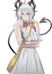 1girl absurdres ahoge alternate_costume arm_under_breasts artist_name bare_shoulders black_horns black_nails black_tail blush breasts closed_mouth commentary cowboy_shot curled_horns demon_tail dress english_commentary erlisa_takanashi fingernails flower flower_necklace grey_hair hair_between_eyes hand_up highres horns jewelry large_breasts long_hair looking_at_viewer mole mole_under_eye multicolored_hair nail_polish necklace red_eyes simple_background smile solo streaked_hair tail white_background white_dress wuthering_waves zani_(wuthering_waves)