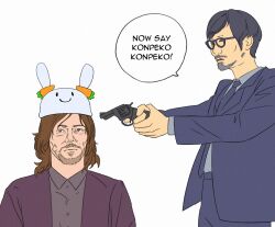 2boys aiming animal_hat beard death_stranding_2:_on_the_beach facial_hair formal_clothes glasses gun handgun hat holding holding_gun holding_weapon hololive kojima_hideo multiple_boys mustache norman_reedus pkoi rabbit_hat real_life revolver suit usada_pekora weapon white_background