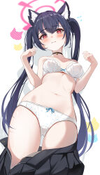 1girl absurdres animal_ear_fluff animal_ears black_choker black_skirt blue_archive blush bra breasts cat_ears cat_girl choker closed_mouth clothes_pull commentary_request extra_ears fang fang_out halo hands_up highres long_hair looking_at_viewer navel panties pink_halo red_eyes serika_(blue_archive) sikimosh simple_background skindentation skirt skirt_pull slit_pupils small_breasts solo stomach tearing_up thighs twintails underwear very_long_hair white_background white_bra white_panties zipper_skirt