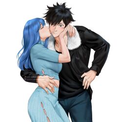 1boy 1girl black_eyes black_hair black_jacket black_shirt blue_hair blue_shirt blue_skirt blush casual commentary denim english_commentary fairy_tail fur-trimmed_jacket fur_trim gray_fullbuster gumroad_username hand_on_another&#039;s_cheek hand_on_another&#039;s_face hand_on_another&#039;s_waist hand_on_own_hip hetero highres hug jacket jeans juvia_lockser jyundee kiss kissing_cheek leather leather_jacket long_hair long_sleeves one_eye_closed pants patreon_username profile shirt short_hair simple_background skirt turtleneck watermark web_address white_background