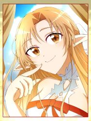 1girl asuna_(sao) blue_sky brown_eyes brown_hair cloud cloudy_sky curtains dress elf hand_on_own_face highres long_hair looking_at_viewer pointy_ears red_ribbon ribbon ribbon-trimmed_dress ribbon_trim ruppi11 sky sleeveless smile sword_art_online titania_(sao) white_dress