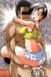 1girl altair_(artist) ass black_hair breasts censored dragon_ball held_up interracial miniskirt panties penis pussy sex short_hair skirt sweat takimoto_dojo tank_top underwear upskirt vaginal videl wet white_panties