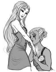 2girls bare_shoulders braid corset cropped_legs dark_skin dark-skinned_female earrings elly_beck closed_eyes eyeshadow facial_tattoo folded_ponytail french_braid greyscale half-closed_eyes holding_hands kissing_hand hyrule_warriors impa jewelry kiss lips long_hair makeup monochrome multiple_girls muneate nintendo pointy_ears princess_zelda sketch skirt tattoo the_legend_of_zelda yuri