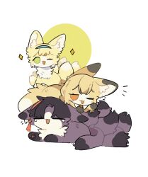 Rule 34 | 1boy, 2girls, animalization, anshijiujiu, arknights, chinese commentary, closed eyes, commentary request, family, father and daughter, fox, green eyes, highres, husband and wife, kitsune, kyuubi, mother and daughter, multiple girls, multiple tails, one eye closed, open mouth, orange eyes, suzuran&#039;s father (arknights), suzuran (arknights), tail, vulpisfoglia (arknights)