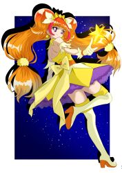 1girl absurdres amanogawa_kirara back bare_back bare_shoulders blunt_bangs boots bow cure_twinkle dress earrings gloves go!_princess_precure high_heels highres jewelry long_hair looking_at_viewer low-tied_long_hair low_twintails night night_sky orange_hair pointing precure purple_bow purple_eyes sky smile star_(sky) star_(symbol) star_earrings starry_sky strapless strapless_dress thigh_boots thighhighs twintails white_gloves yellow_collar zettai_ryouiki